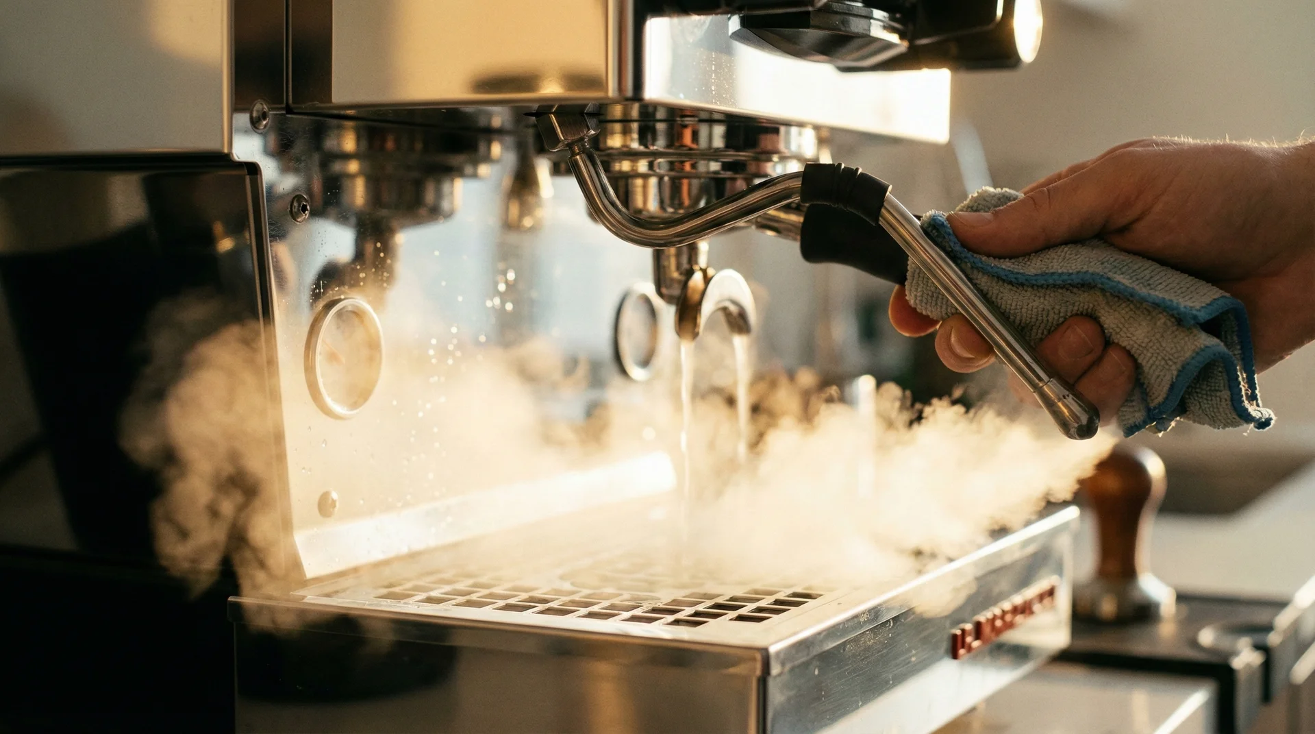 A close-up of a barista purging a steam wand and wiping the espresso machine for daily maintenance.