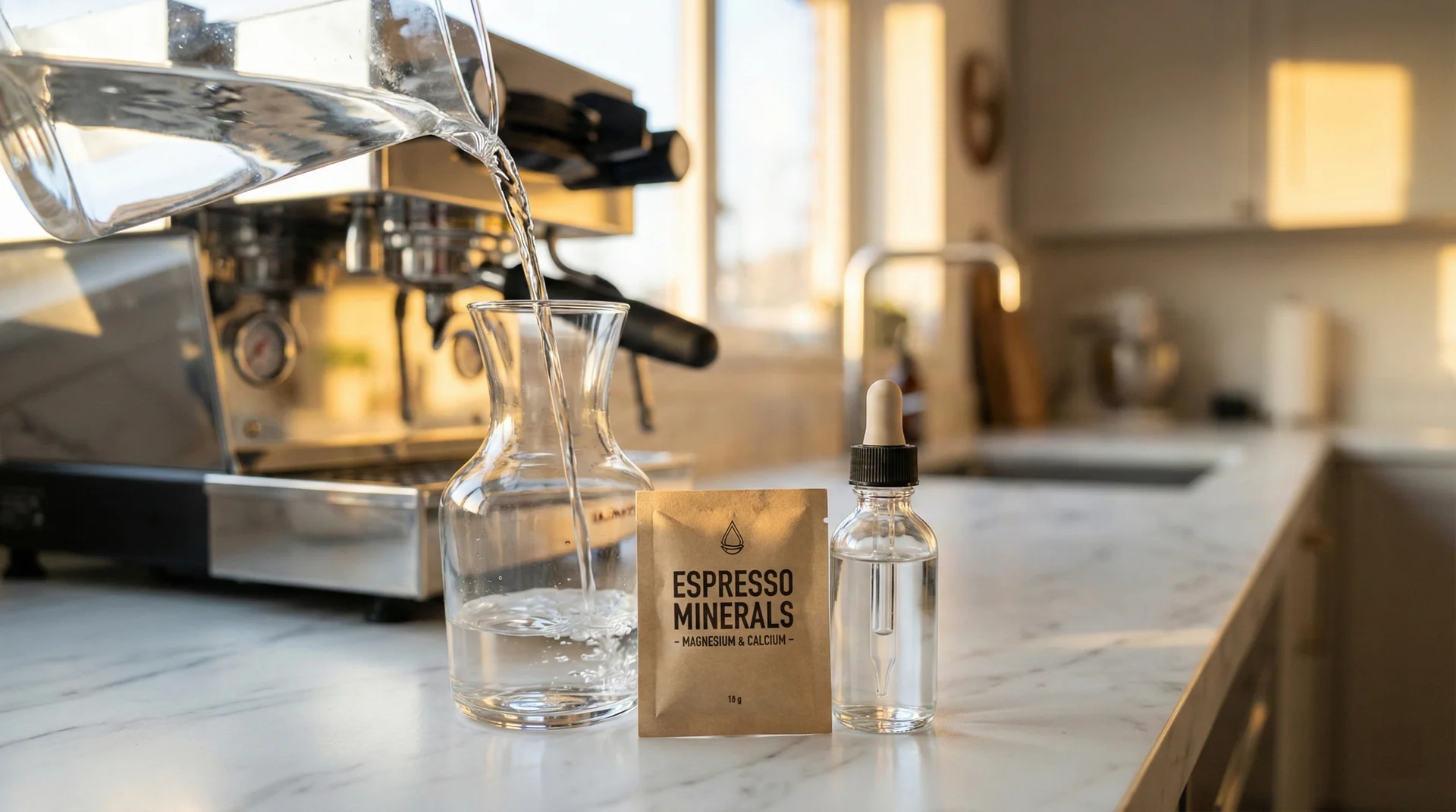 A close-up of a glass water carafe and mineral supplements next to a high-end espresso machine to prevent scale.