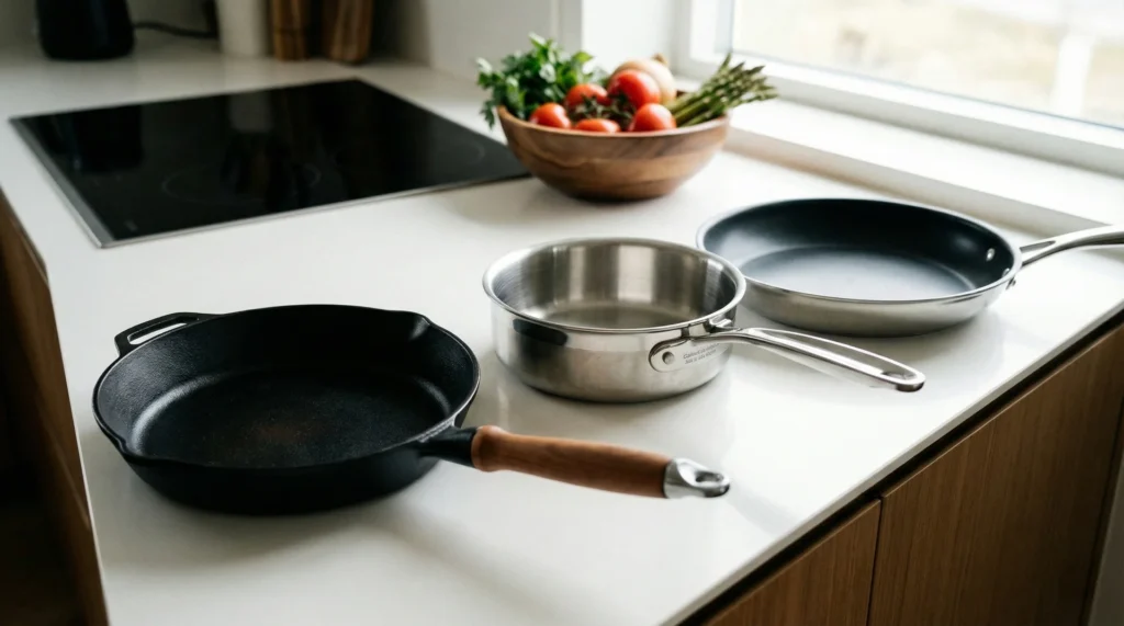 A variety of essential cookware pieces including a cast iron skillet and stainless steel pan arranged on a kitchen counter.