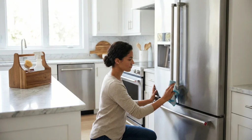 A person cleaning the door seals of a modern stainless steel refrigerator in a bright, sunlit kitchen.