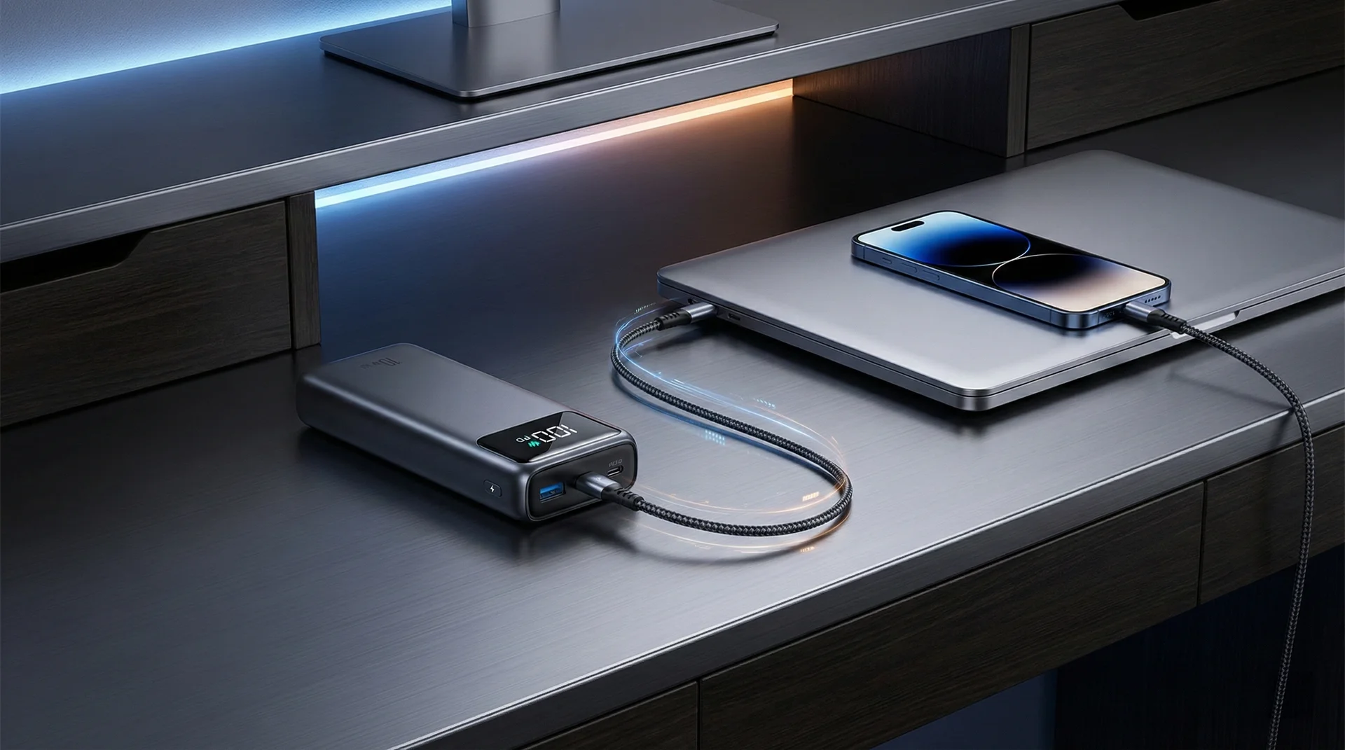 A power bank with a digital display showing 100W output charging a laptop and phone through USB-C Power Delivery.