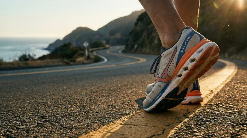 Close-up of a runner standing confidently in high-tech running shoes on a sunlit path.
