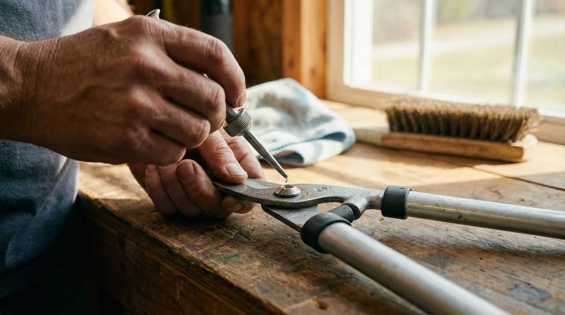 A close-up of hands applying lubricant to the hinge of garden loppers on a wooden workbench.