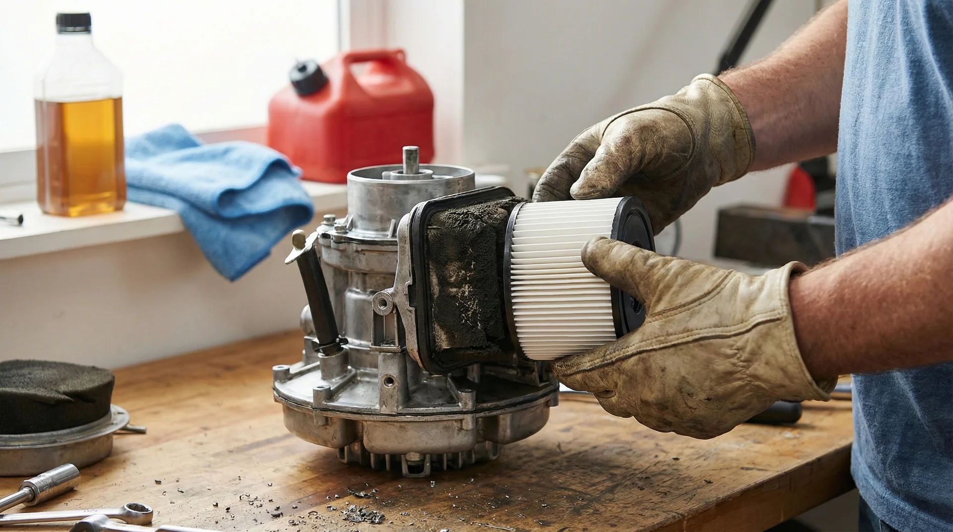 Close-up of a person replacing a dirty air filter with a new one on a gasoline engine.