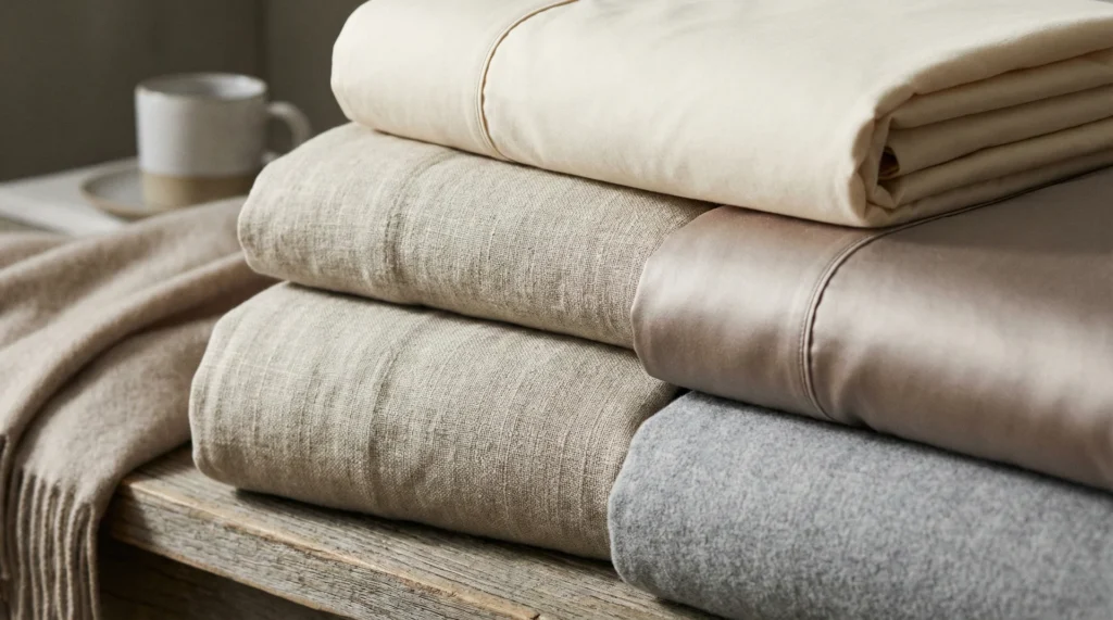 A side-by-side comparison of cotton, linen, silk, and flannel bedding materials showing different textures.