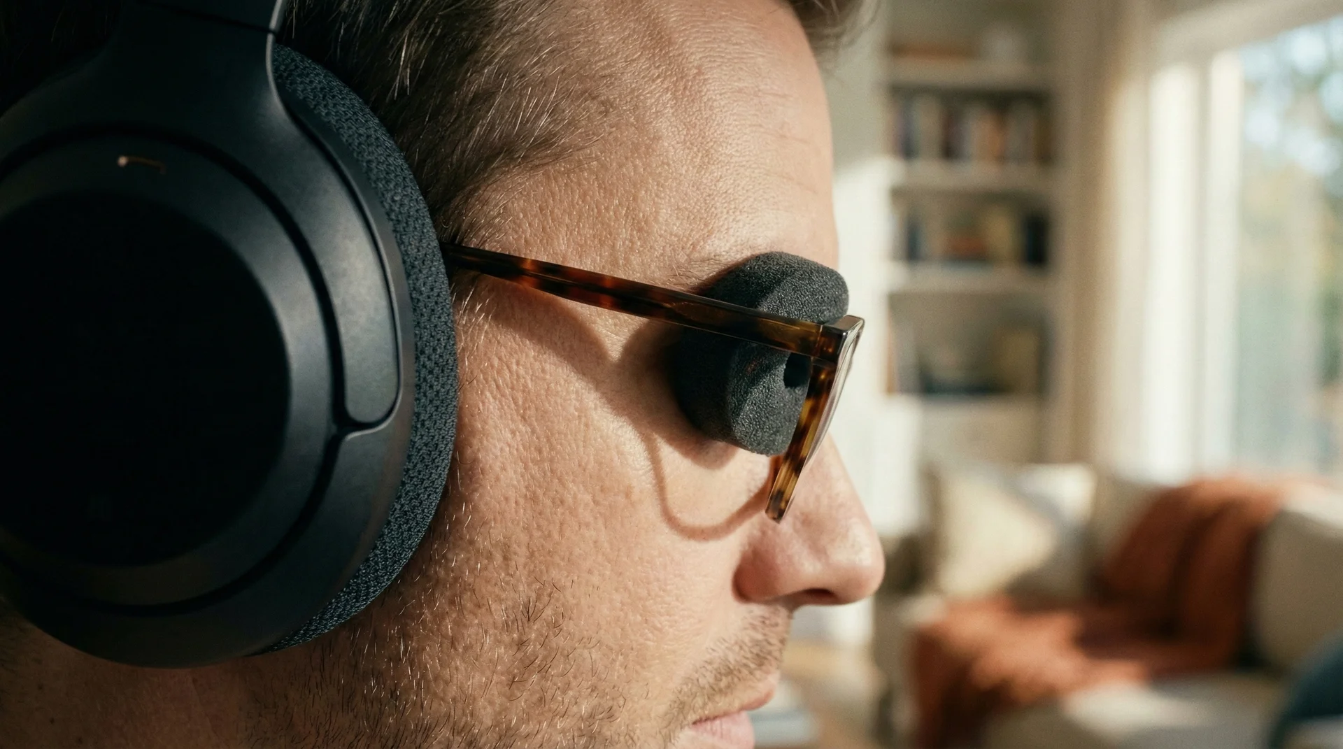 Close-up of a person wearing over-ear headphones with glasses, showing how the memory foam pads conform to the frames.