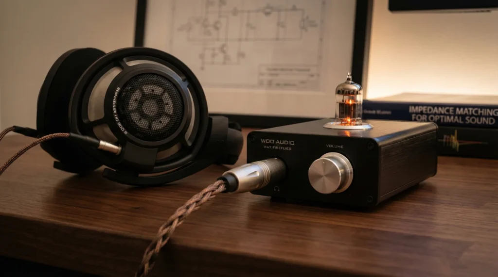 High-quality headphones plugged into a dedicated desktop amplifier to demonstrate impedance matching.
