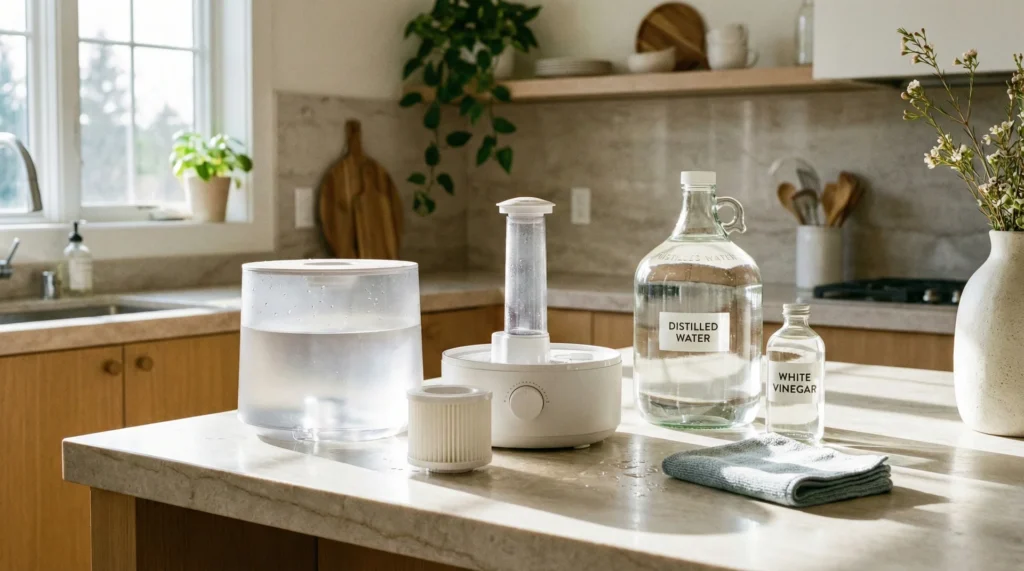 A disassembled humidifier on a counter next to distilled water and white vinegar for cleaning.