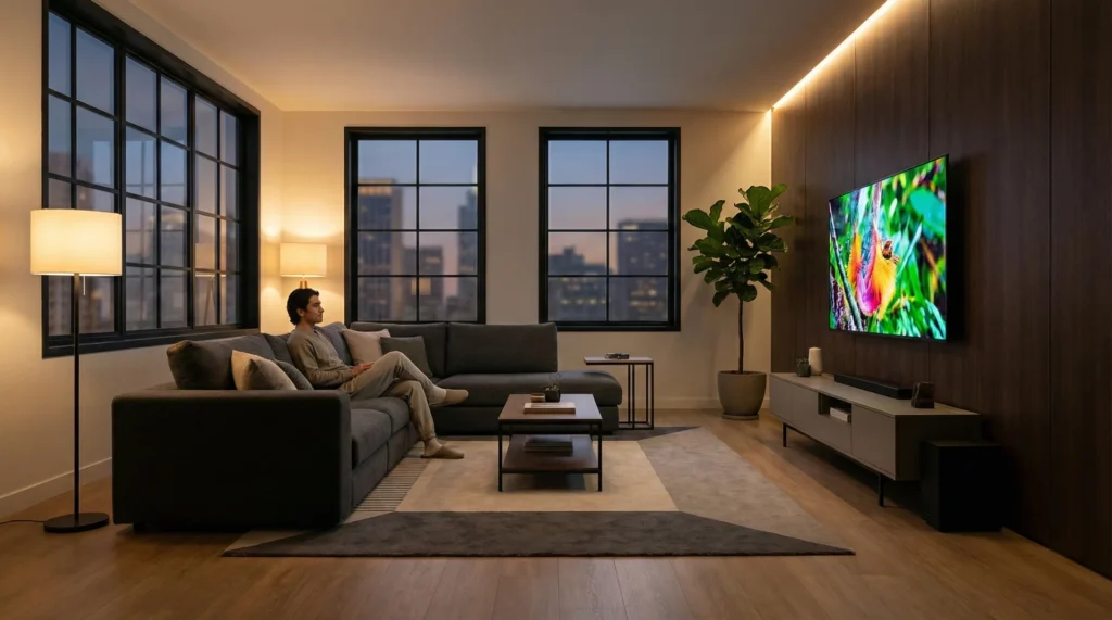 A person sitting on a sofa in a modern living room at the recommended distance from a large 4K flat-screen TV.