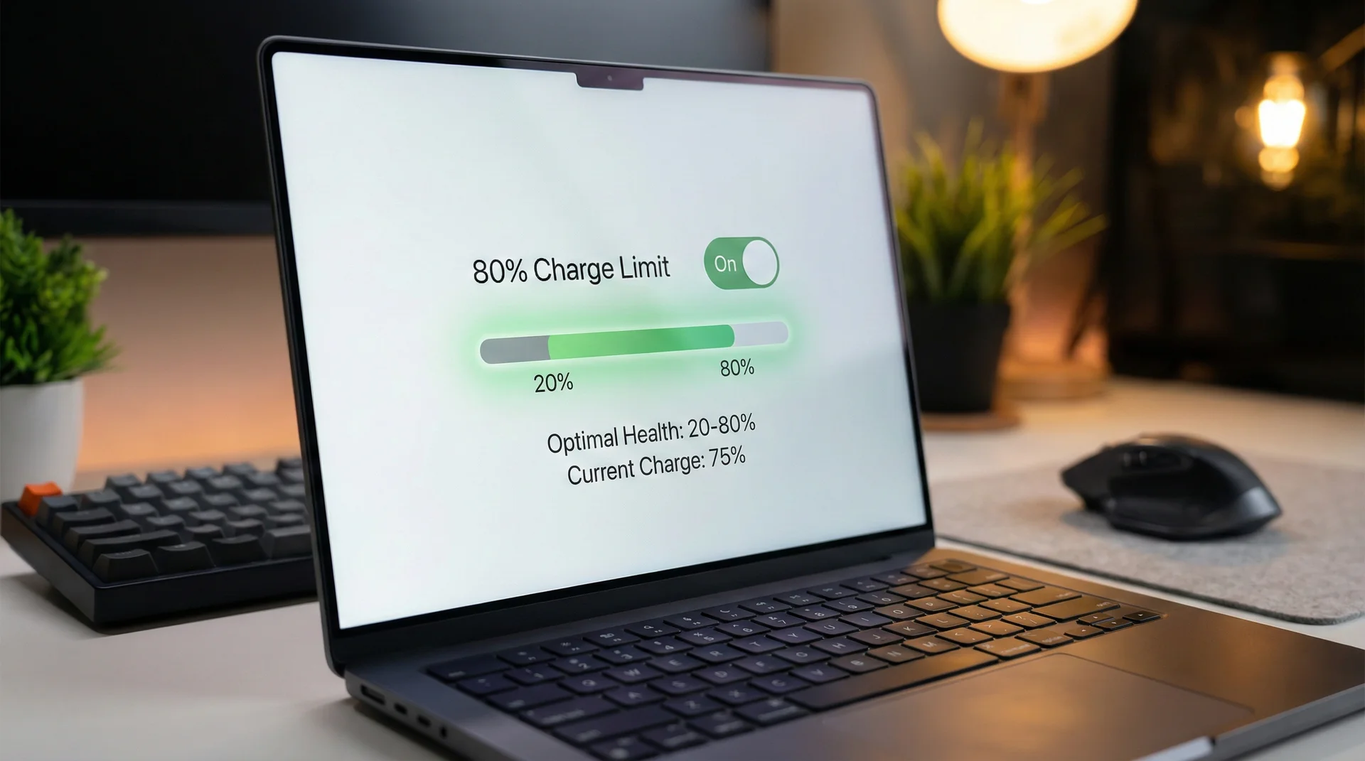 A laptop screen showing battery health management software with a charge limit set to 80 percent.
