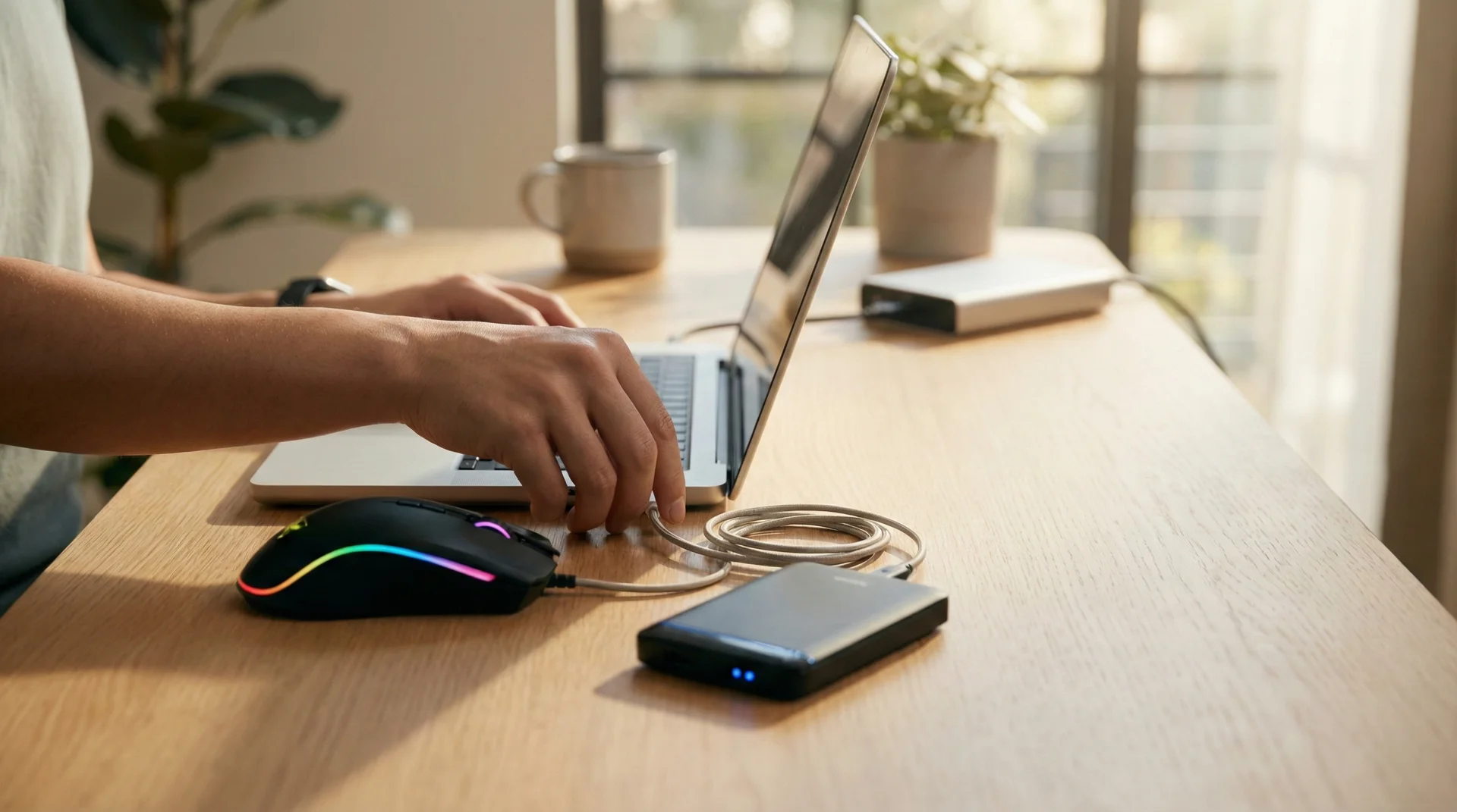A person unplugging a USB mouse and external drive from a laptop to save battery power.