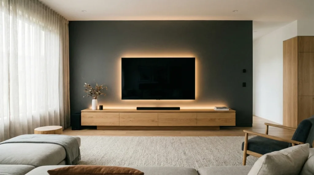 A large TV with rear bias lighting mounted over a wide wooden console in a modern living room.