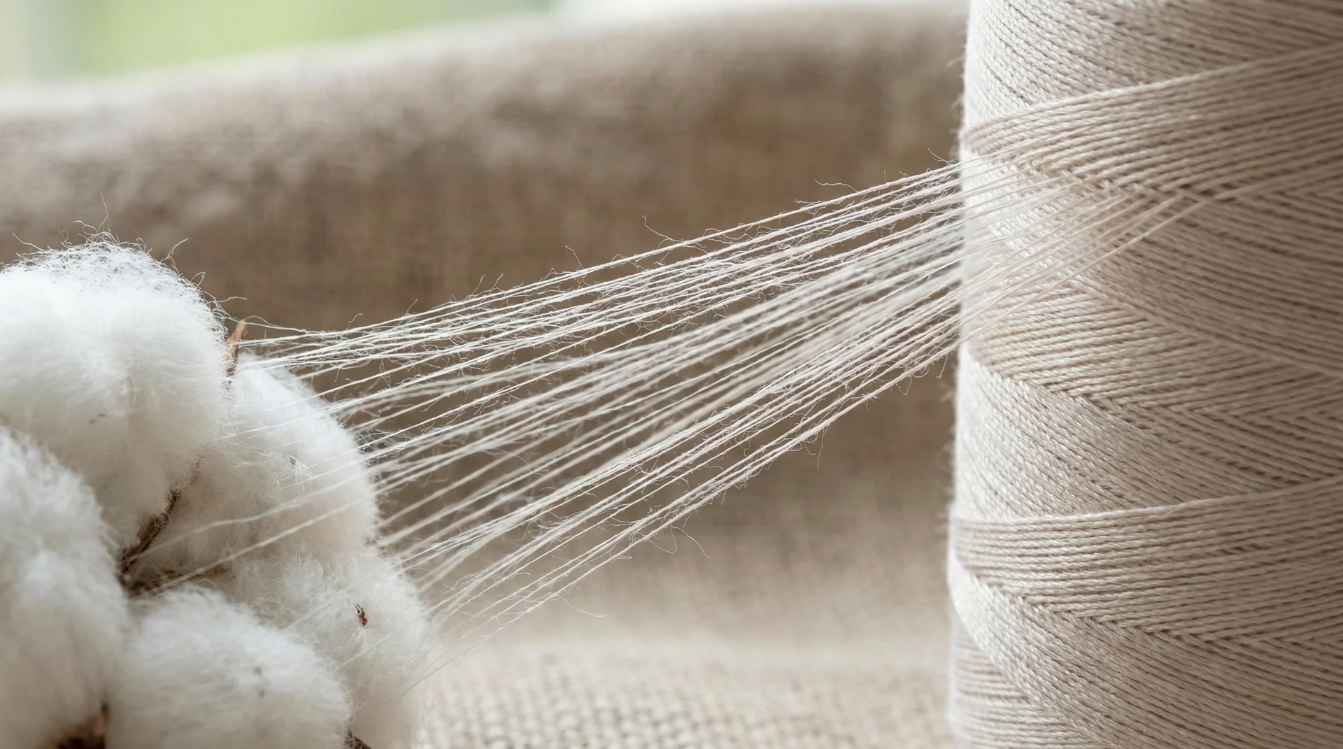 A high-detail close-up of raw long-staple cotton fibers and smooth yarn.