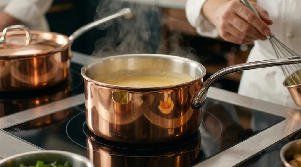 A polished professional copper saucepan with a stainless steel lining on a kitchen stove burner.