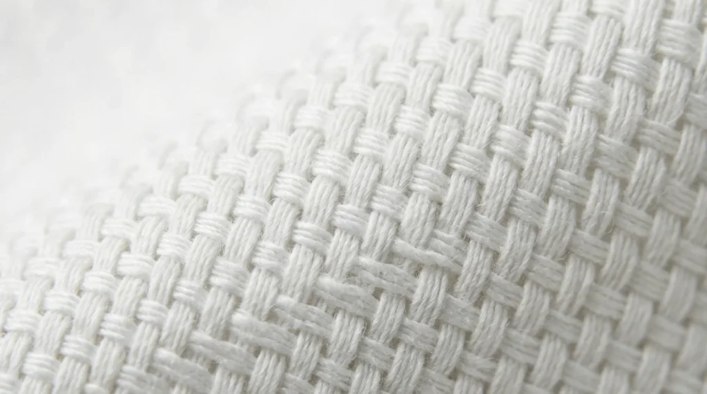 A detailed macro shot of a white cotton fabric showing the precise grid of horizontal and vertical threads.