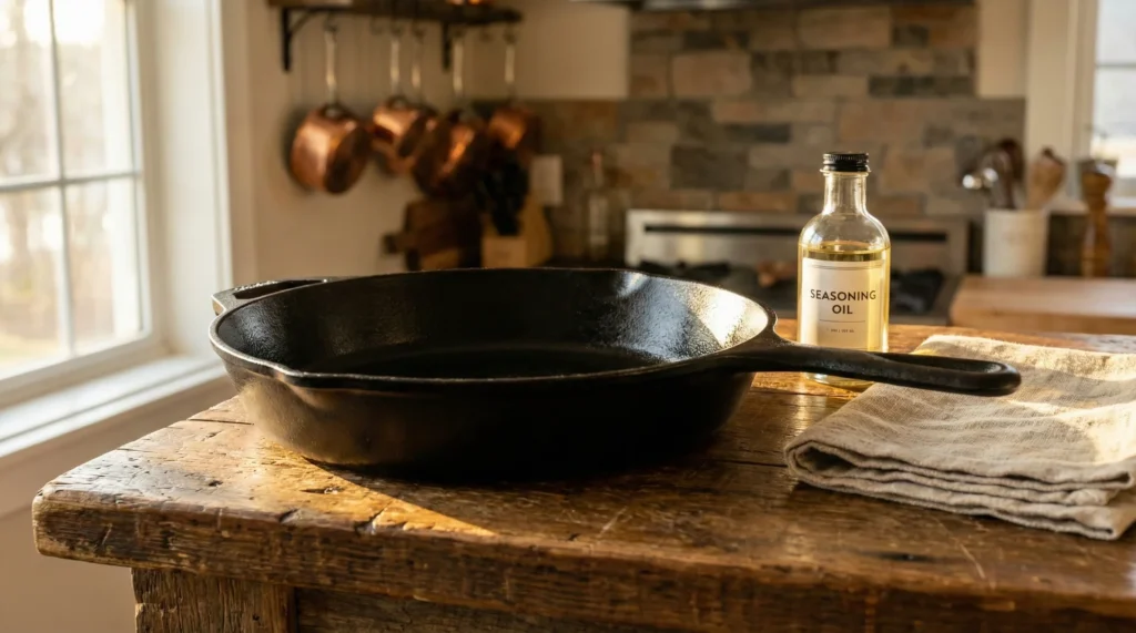 A seasoned black cast iron skillet sitting on a rustic wooden countertop next to a bottle of oil and a cleaning cloth in a sunlit kitchen.
