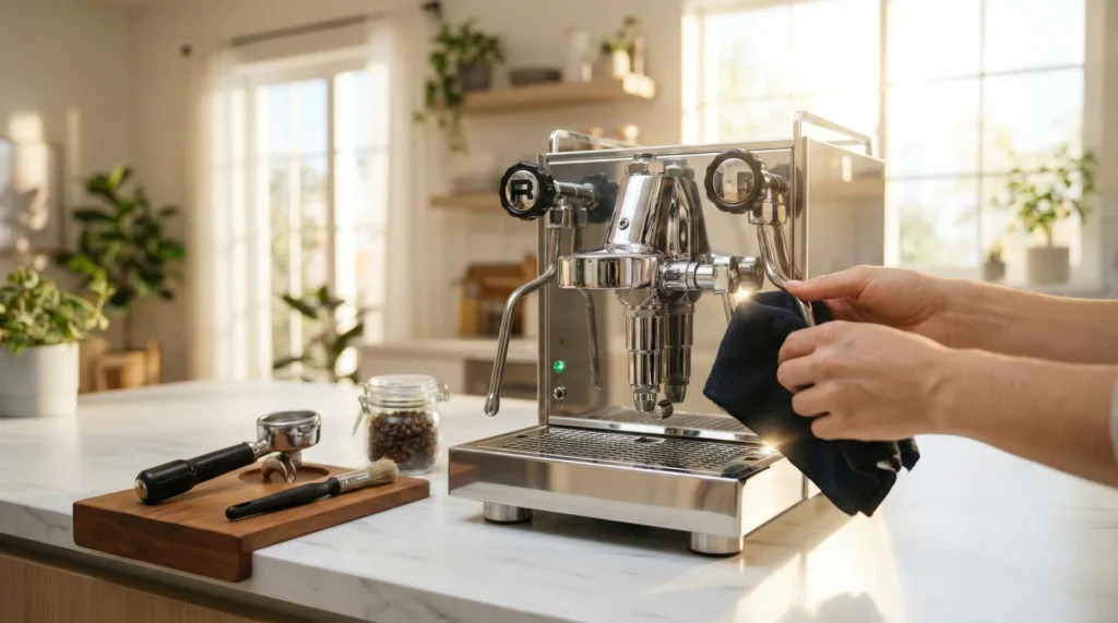 A person carefully cleaning the steam wand of a polished stainless steel espresso machine in a sunlit kitchen.