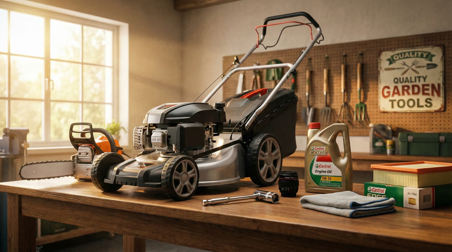 A well-organized wooden workbench featuring a lawn mower, chainsaw, and maintenance tools like oil and wrenches in a bright garage.