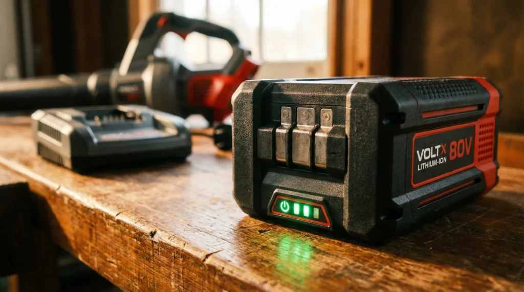 A close-up of a lithium-ion power tool battery on a workbench showing the contact terminals and charge indicator.