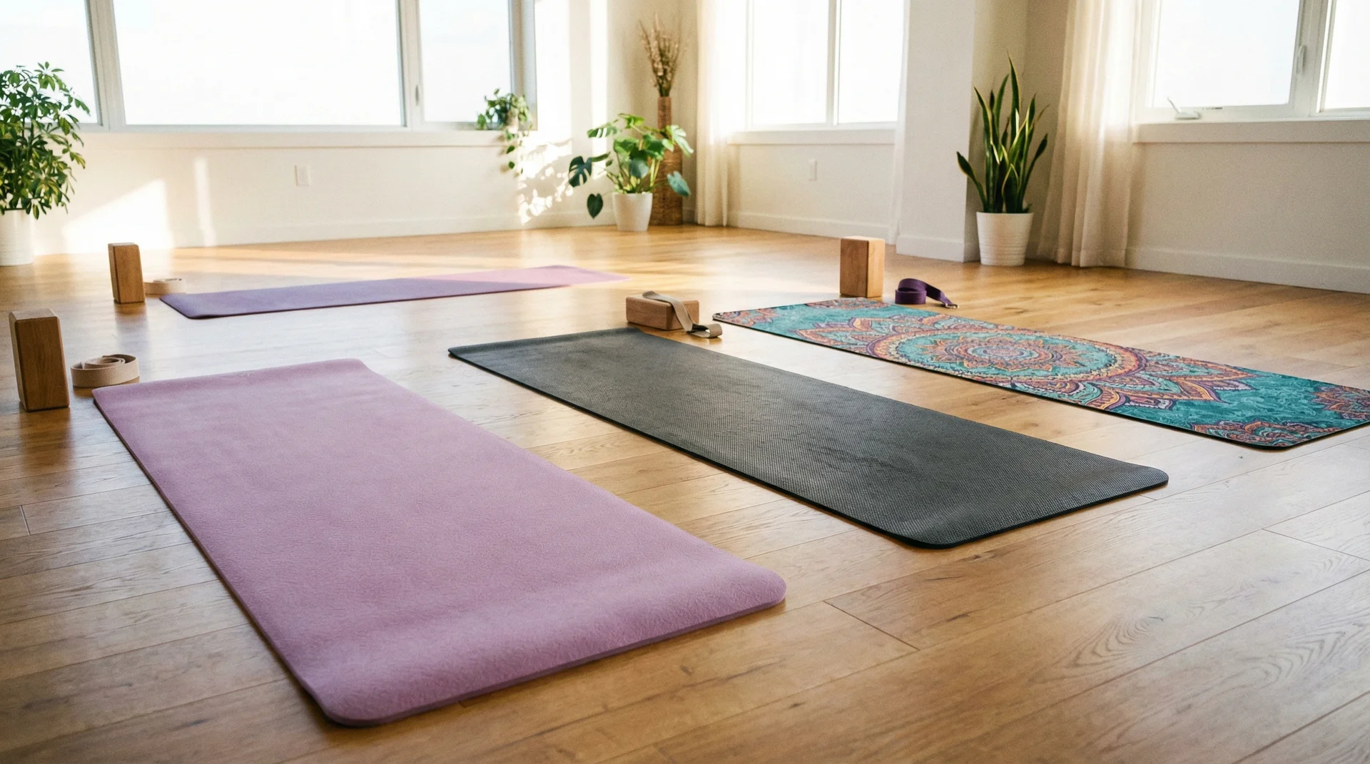 A selection of three different yoga mats including a thick cushioned mat, a grippy rubber mat, and a towel-top mat laid out in a bright studio.