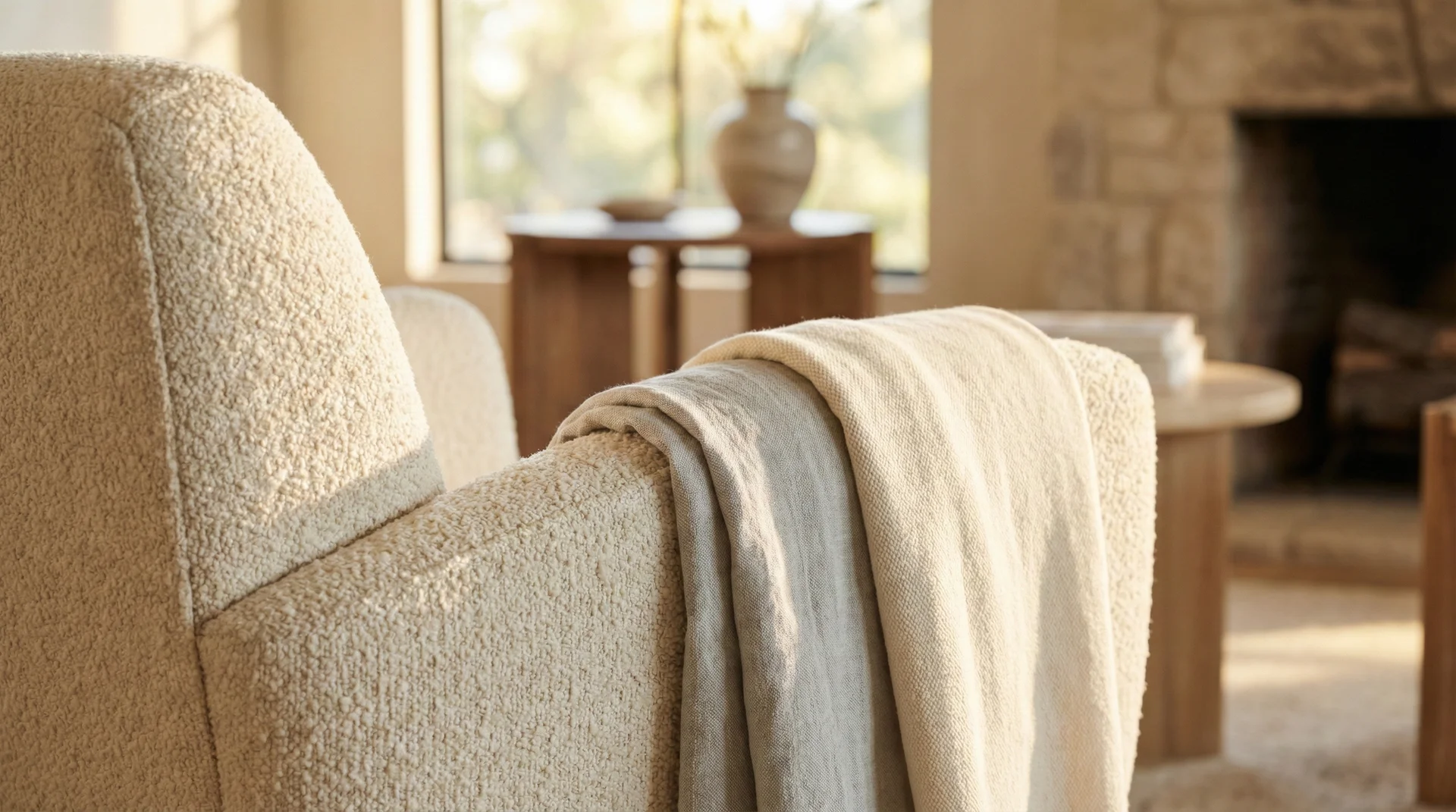 Close-up of high-quality wool and linen upholstery fabrics in a bright living room.