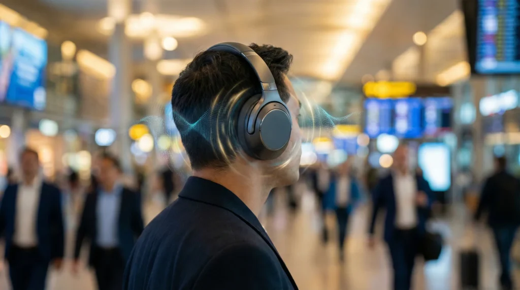 A person wearing high-end headphones in a busy airport, illustrating the quiet bubble of active noise cancellation.