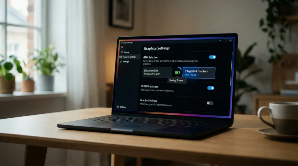 A laptop screen showing power-saving graphics settings and dark mode interface to save battery.