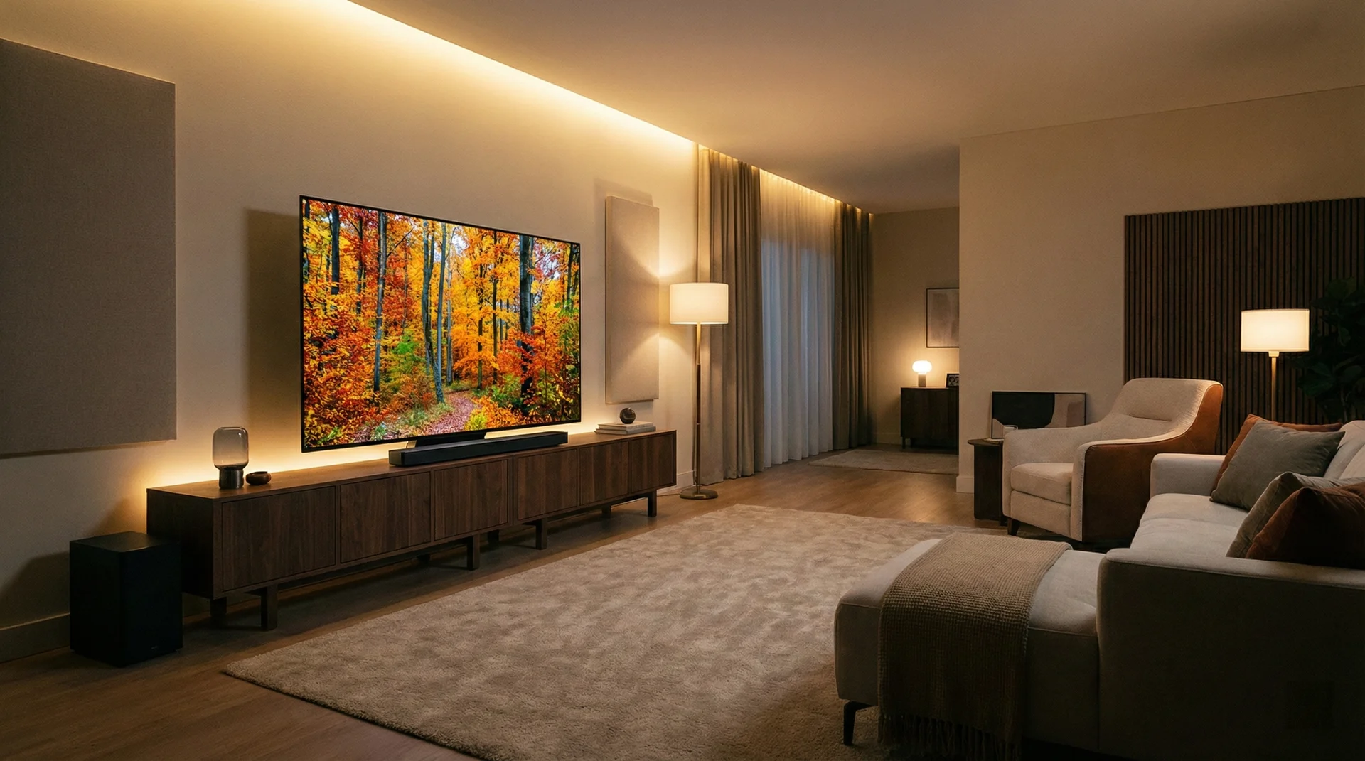 A large flat-screen TV perfectly positioned at eye level on a wide wooden stand with a matching soundbar.