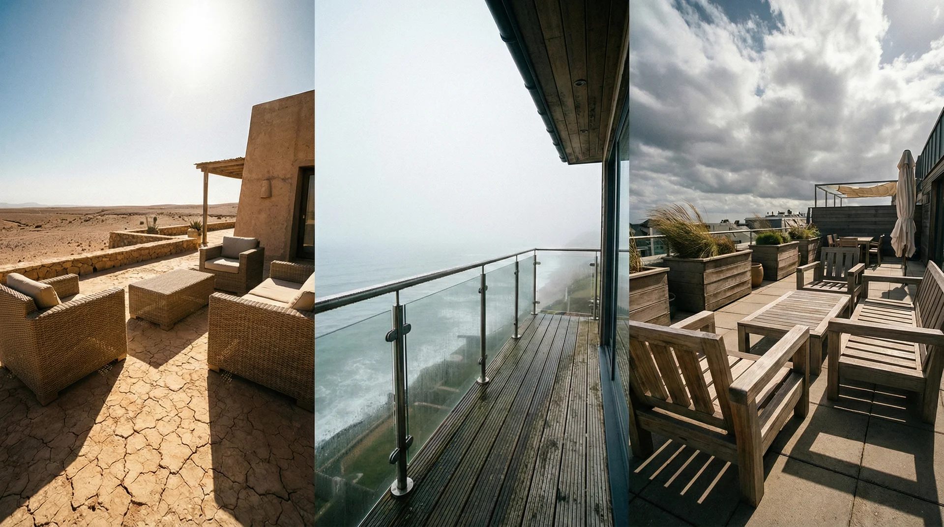 A side-by-side comparison of outdoor furniture in desert, coastal, and windy environments.