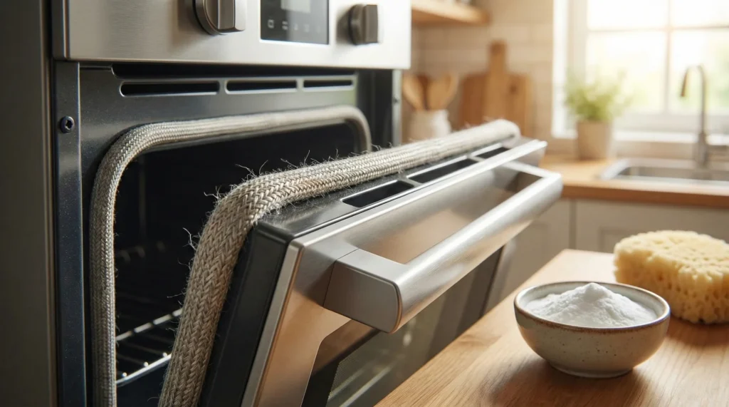 A close-up of an oven door gasket seal with baking soda cleaning paste on a nearby counter.