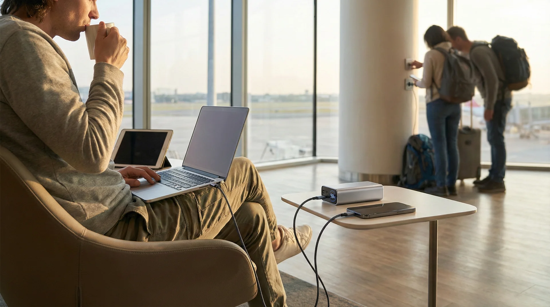 A person using a high-capacity power bank to charge a laptop and phone in an airport lounge.