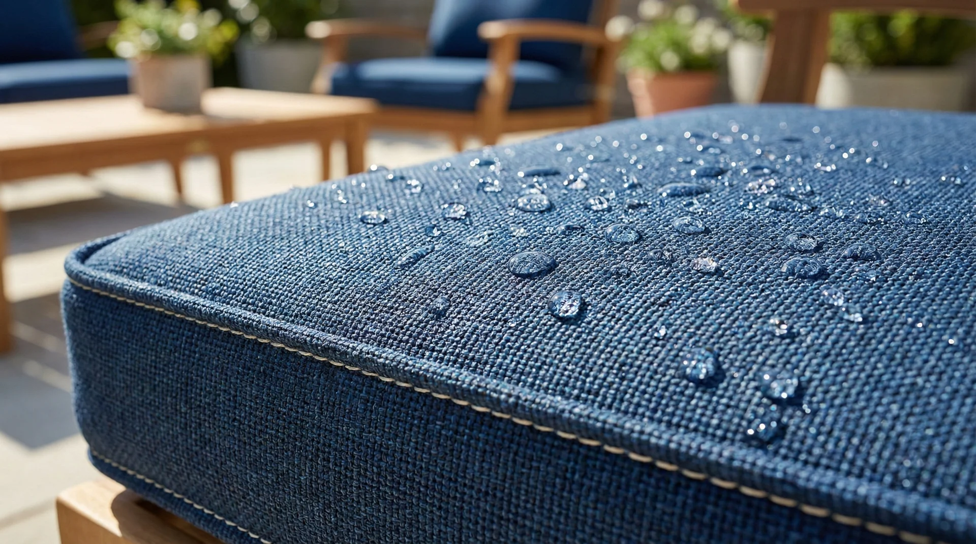 A close-up shot of water beading on high-quality outdoor performance fabric with a reinforced welted edge.
