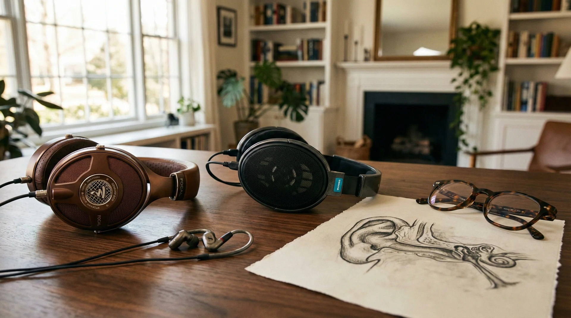 A variety of premium over-ear and in-ear headphones arranged on a wooden desk next to an anatomical ear sketch, symbolizing the search for the perfect fit.