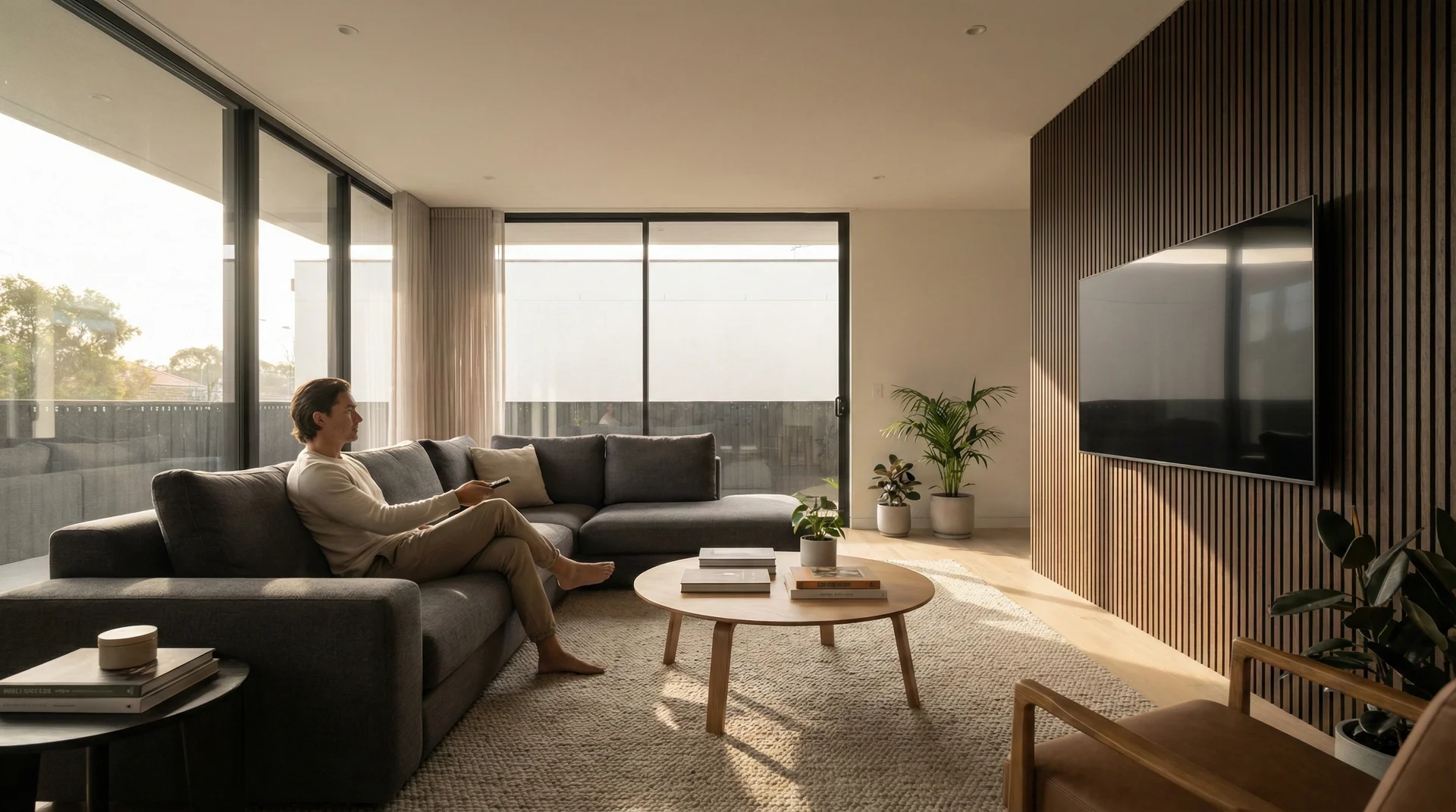 A wide-angle view of a stylish living room showing a flat-screen TV perfectly sized and positioned relative to the seating area.