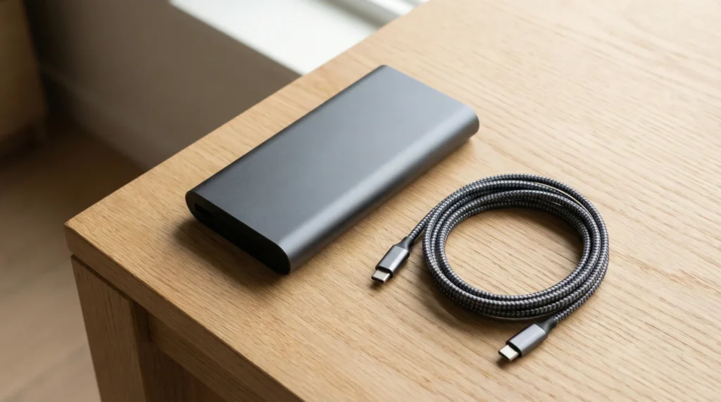 A premium power bank and a high-quality braided cable on a wooden desk illustrating proper battery maintenance.
