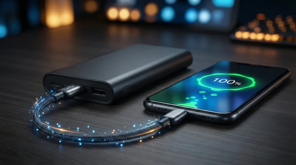 A sleek black power bank charging a smartphone on a wooden desk with glowing blue energy accents.