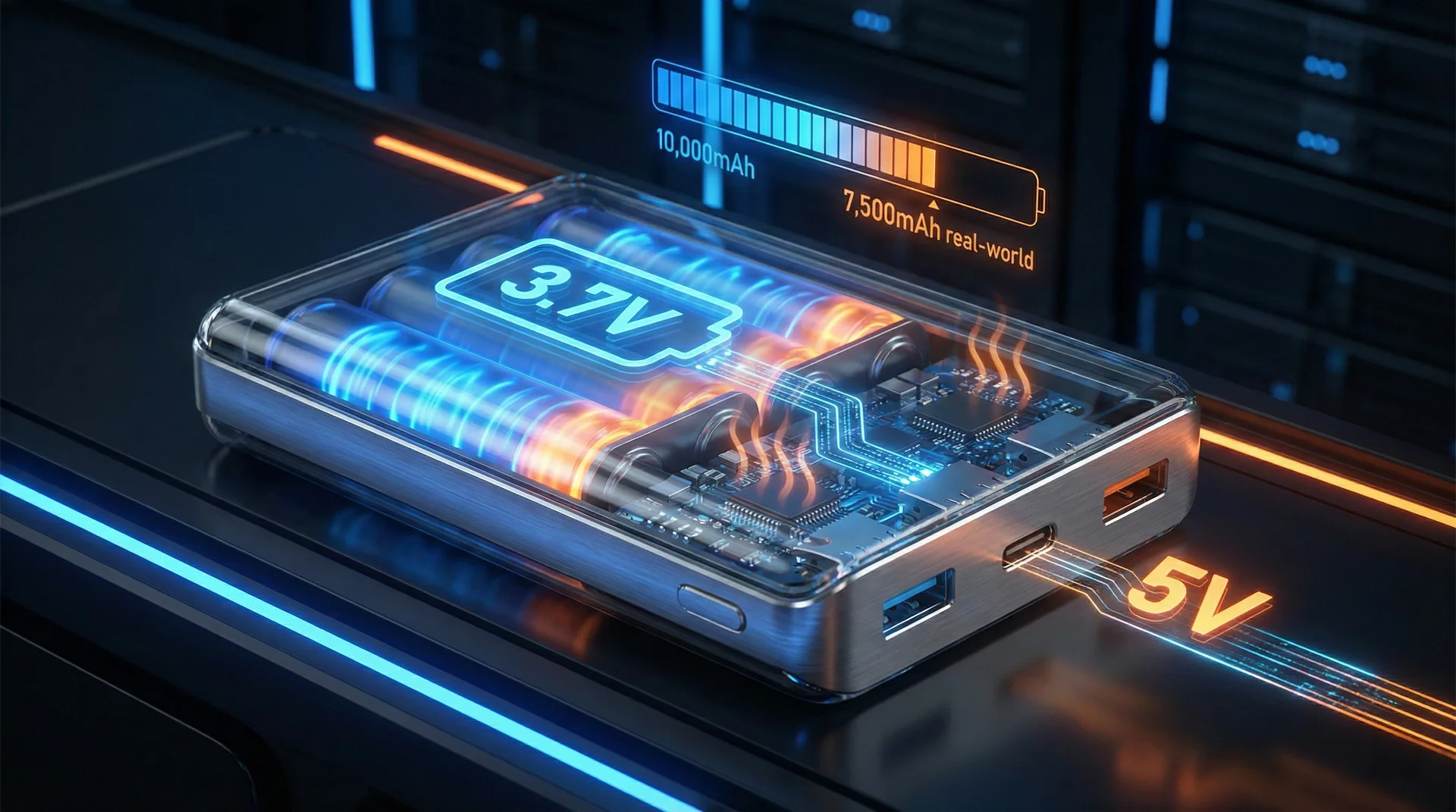 An infographic-style 3D illustration showing a power bank converting 3.7V internal energy to 5V output with efficiency loss.