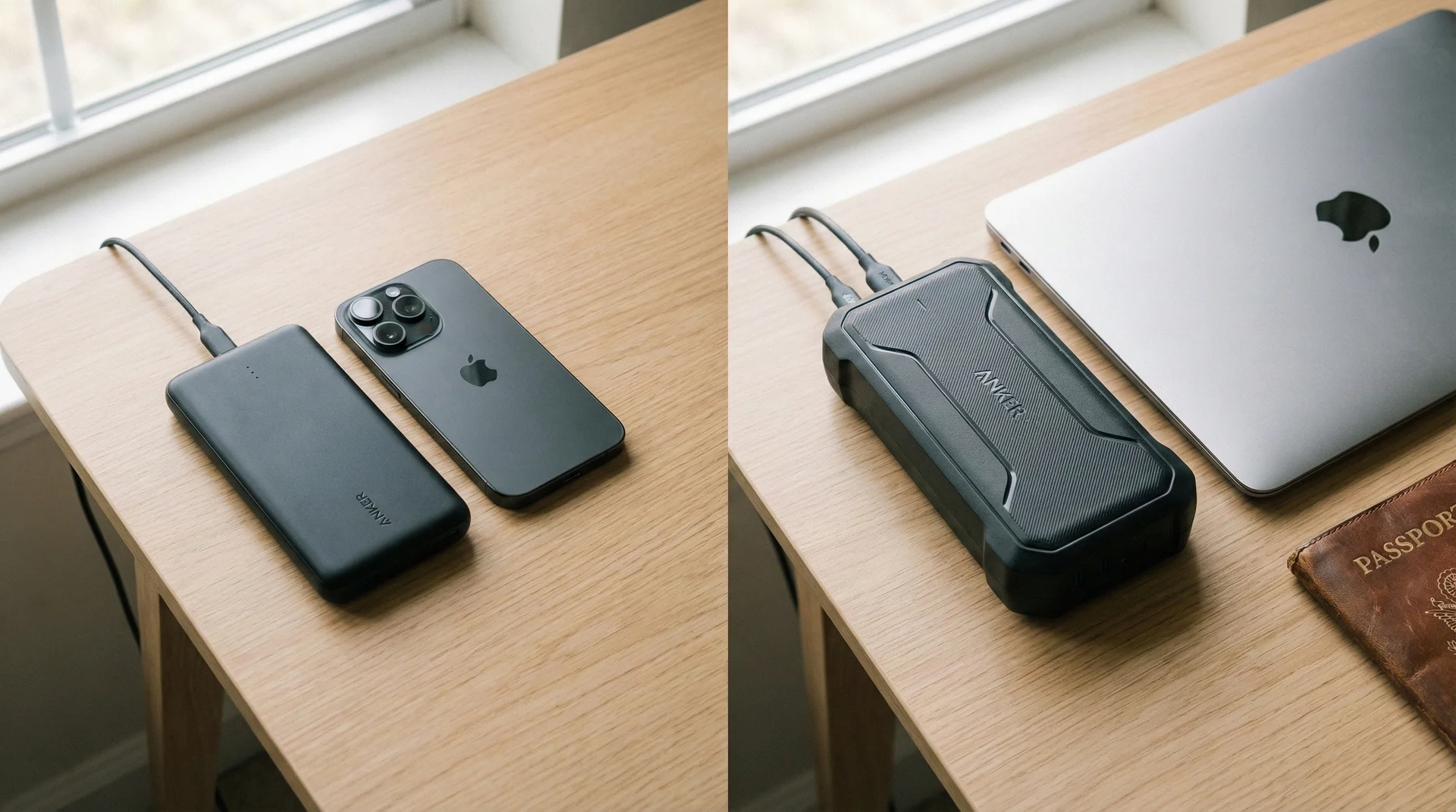 A side-by-side comparison of a slim 10,000mAh power bank and a large 26,800mAh power bank on a desk next to a phone and laptop.