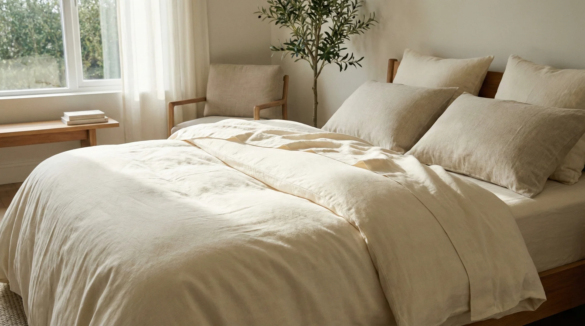 Close-up of soft, premium cotton bed sheets with a visible high-quality weave in a sunlit bedroom.