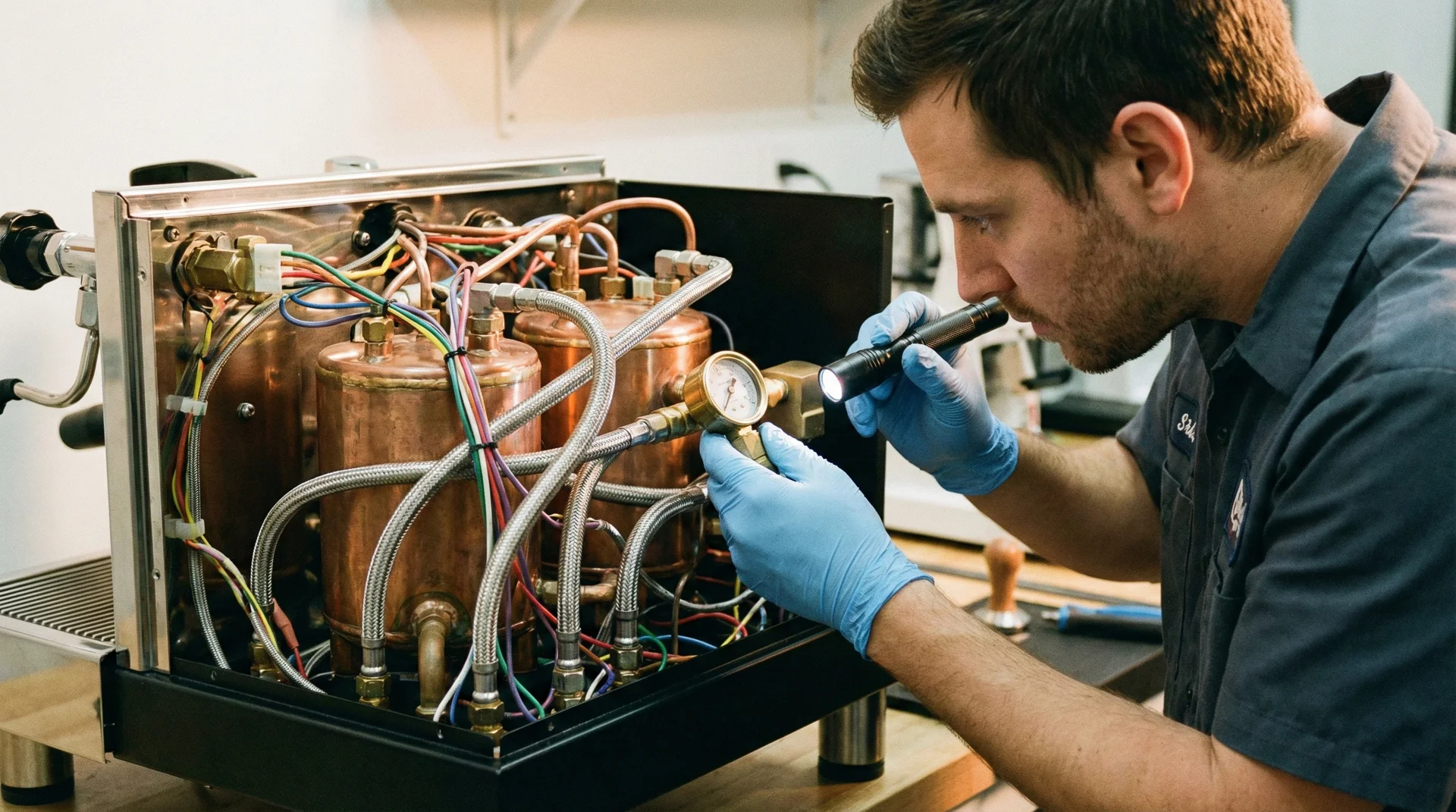 A professional technician inspecting the internal copper boilers and wiring of an espresso machine with specialized tools.