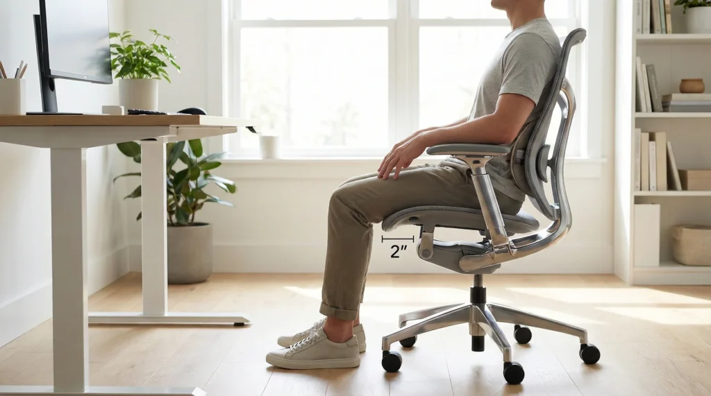 A side view of a person sitting in an ergonomic chair showing correct seat depth and lumbar support positioning.