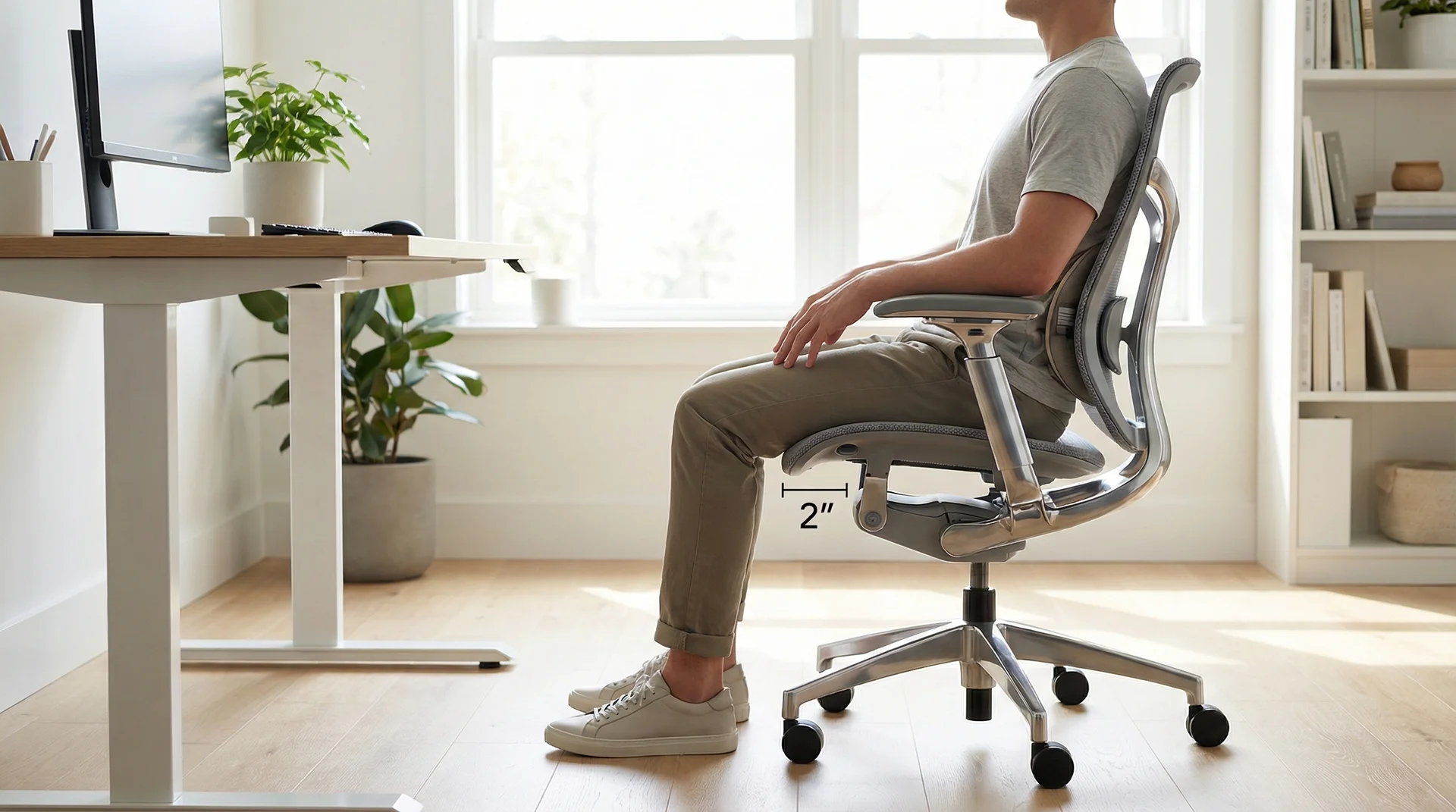 A side view of a person sitting in an ergonomic chair showing correct seat depth and lumbar support positioning.