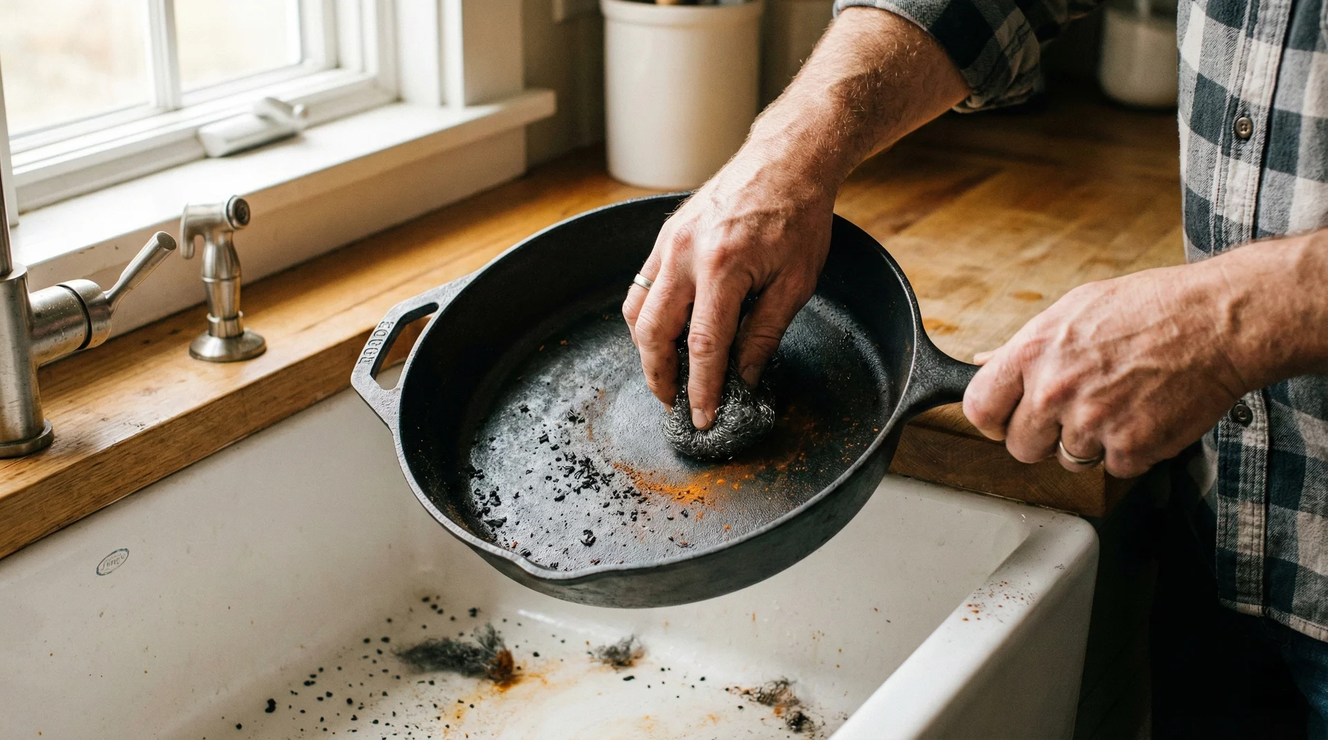 Close-up of a person scrubbing rust and carbon flakes off a cast iron skillet with steel wool.