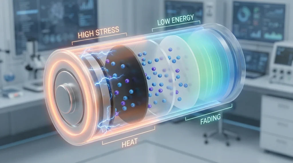 A detailed 3D cross-section of a lithium-ion battery showing internal chemical layers and ion movement under stress.