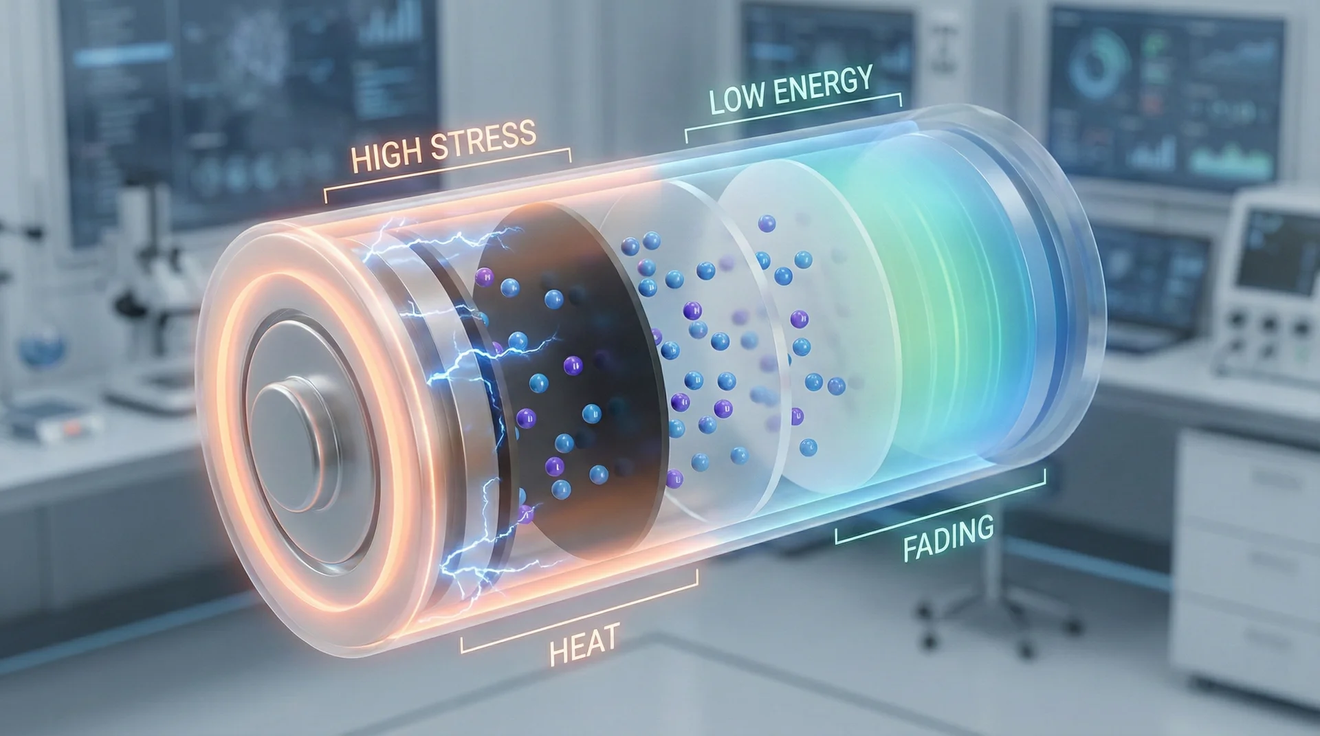A detailed 3D cross-section of a lithium-ion battery showing internal chemical layers and ion movement under stress.
