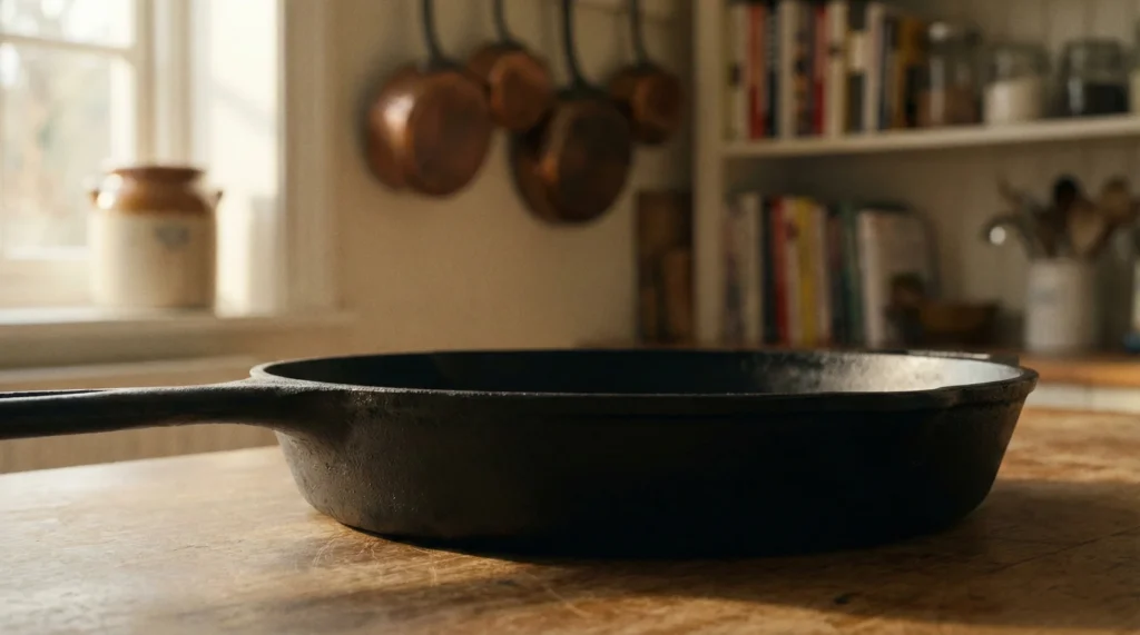 A well-seasoned black cast iron skillet sitting on a rustic wooden table in a sunlit kitchen.