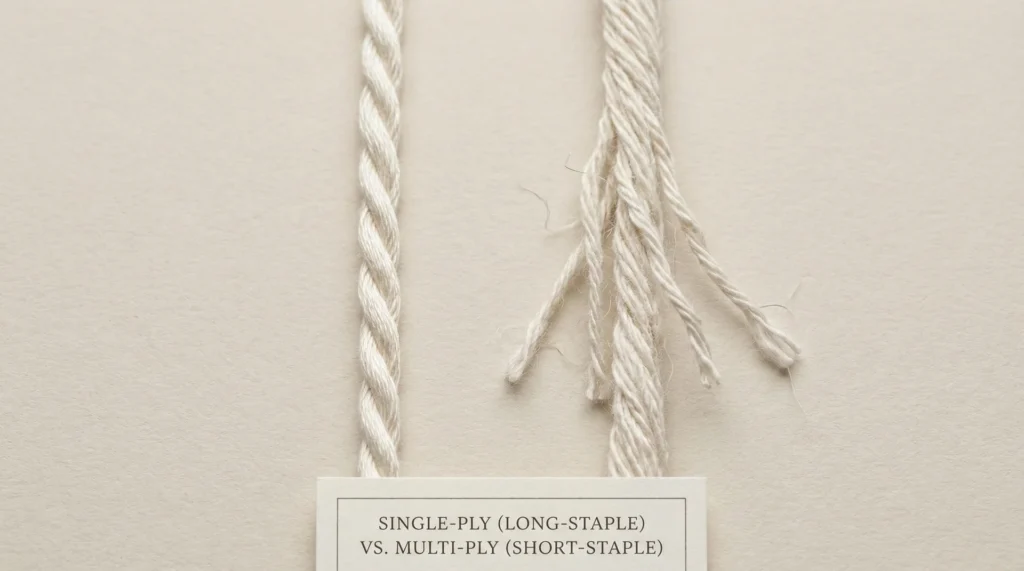 A macro side-by-side comparison of a smooth single-ply cotton thread and a fuzzy multi-ply cotton thread used in bed sheets.