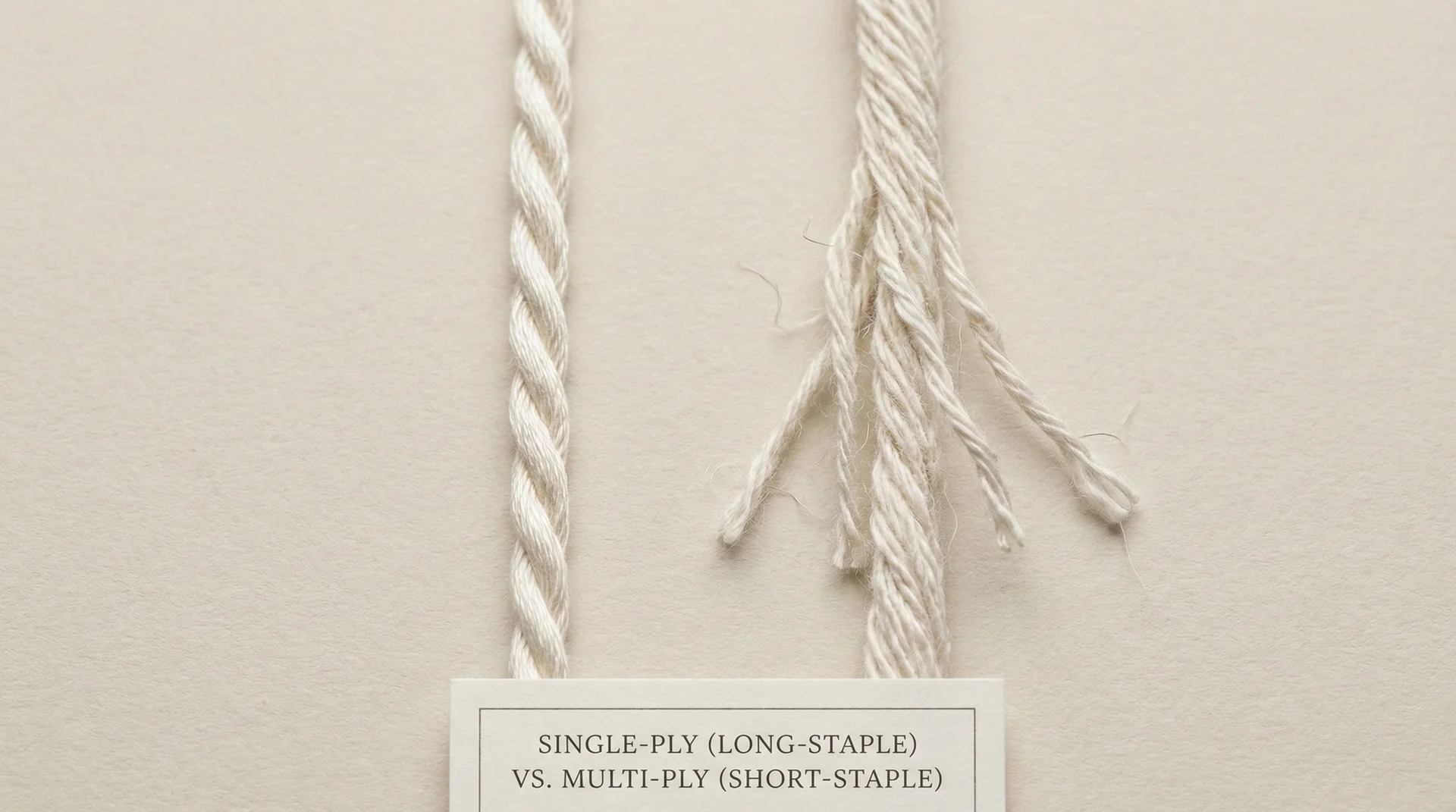 A macro side-by-side comparison of a smooth single-ply cotton thread and a fuzzy multi-ply cotton thread used in bed sheets.