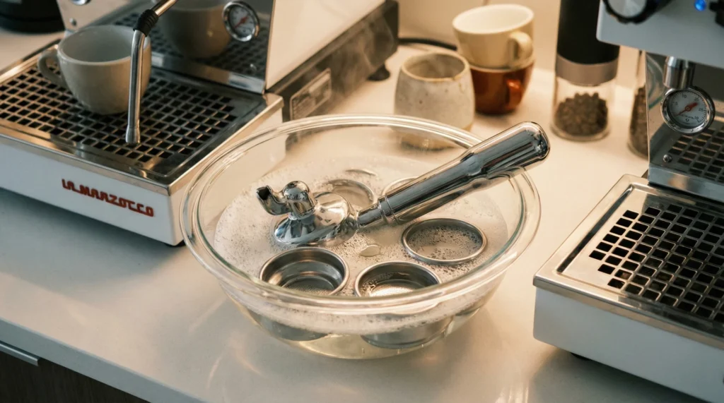 A chrome espresso portafilter and filter baskets soaking in a bowl of cleaning solution on a kitchen counter.