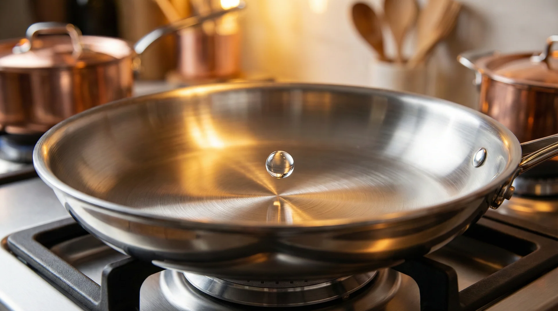 A close-up of a water droplet dancing on a hot stainless steel pan to demonstrate the Leidenfrost effect.